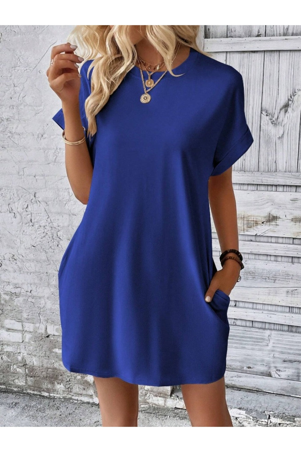 Pocketed Round Neck Short Sleeve Dress