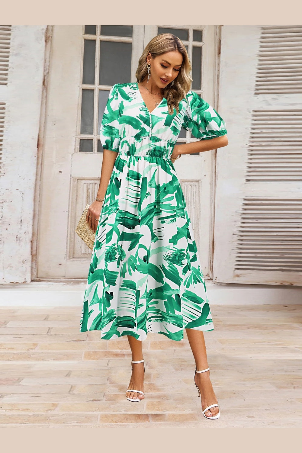 Ruched Printed Surplice Short Sleeve Dress