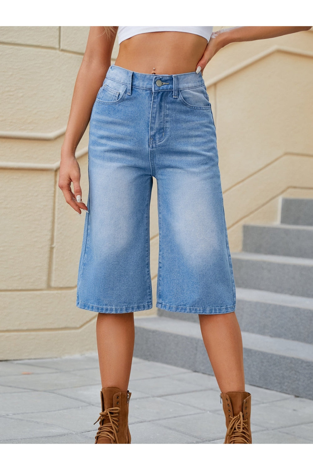 High Waist Denim Shorts with Pockets