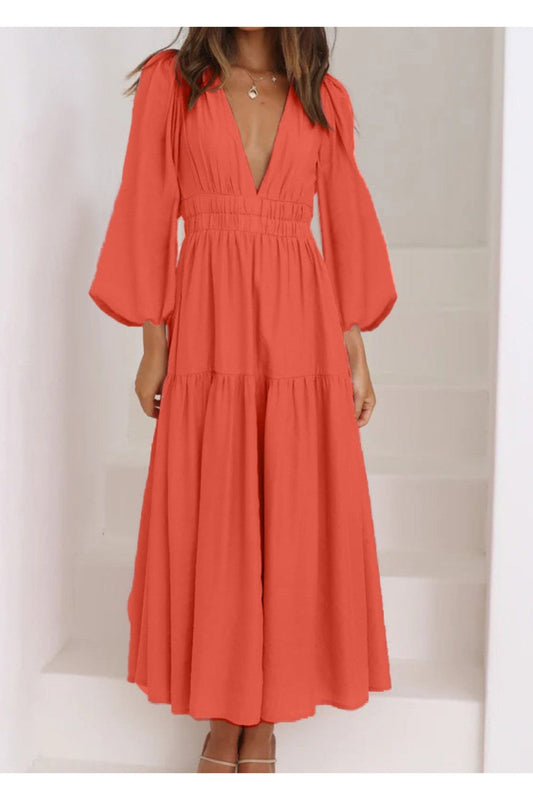 Deep V-Neck Balloon Sleeve Plain Maxi Dress