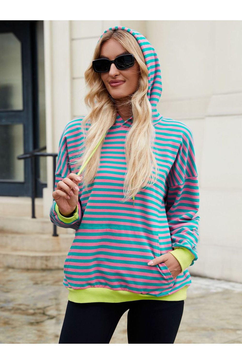 Drawstring Contrast Striped Long Sleeve Hoodie