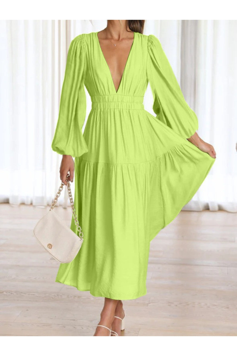 Deep V-Neck Balloon Sleeve Plain Maxi Dress