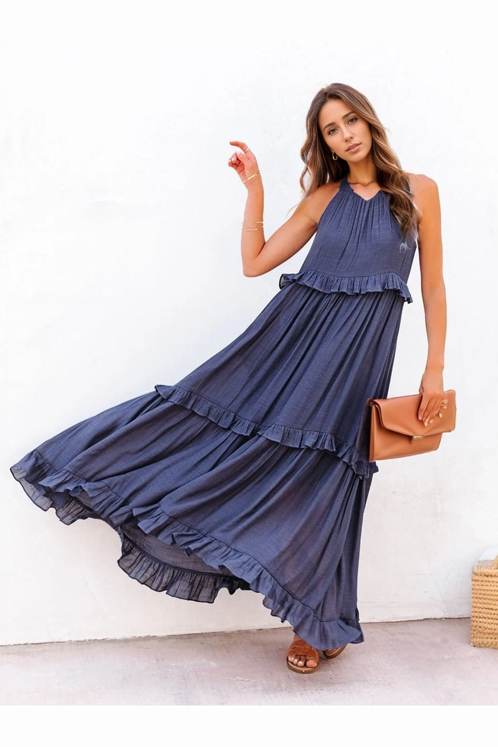 Ruffled Sleeveless Tiered Maxi Dress with Pockets