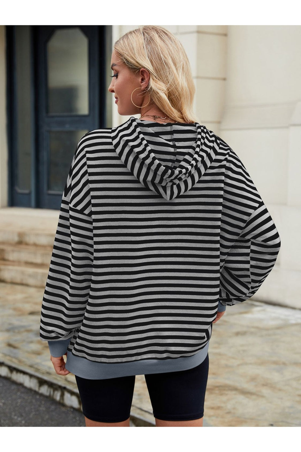 Drawstring Contrast Striped Long Sleeve Hoodie