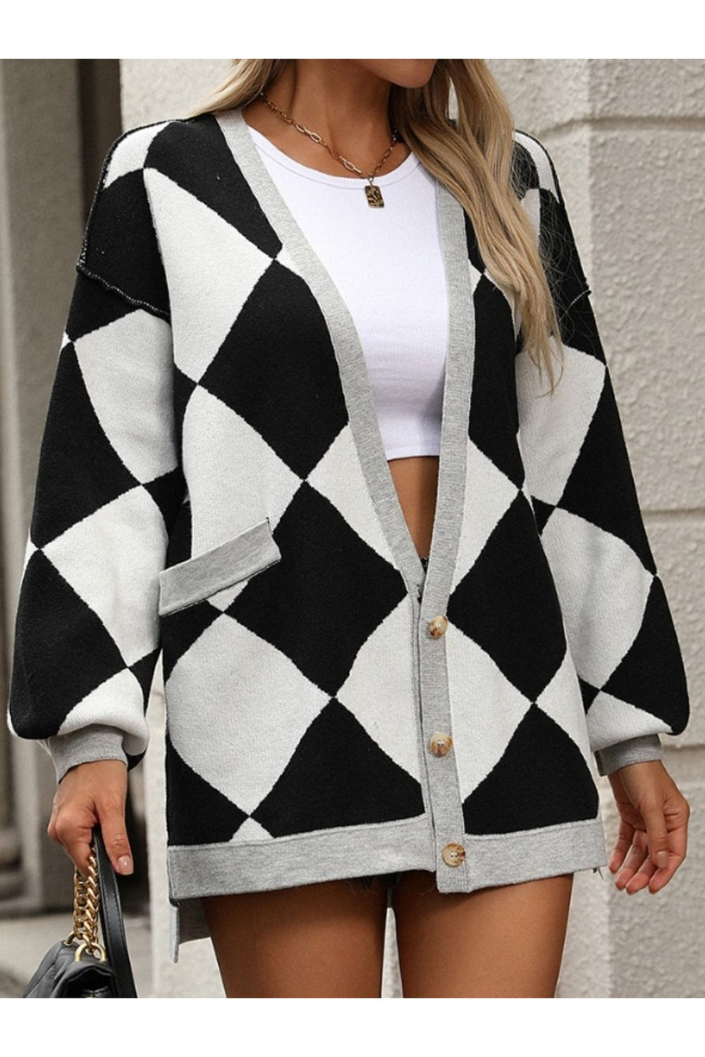 Checkered Dropped Shoulder Long Sleeve Cardigan