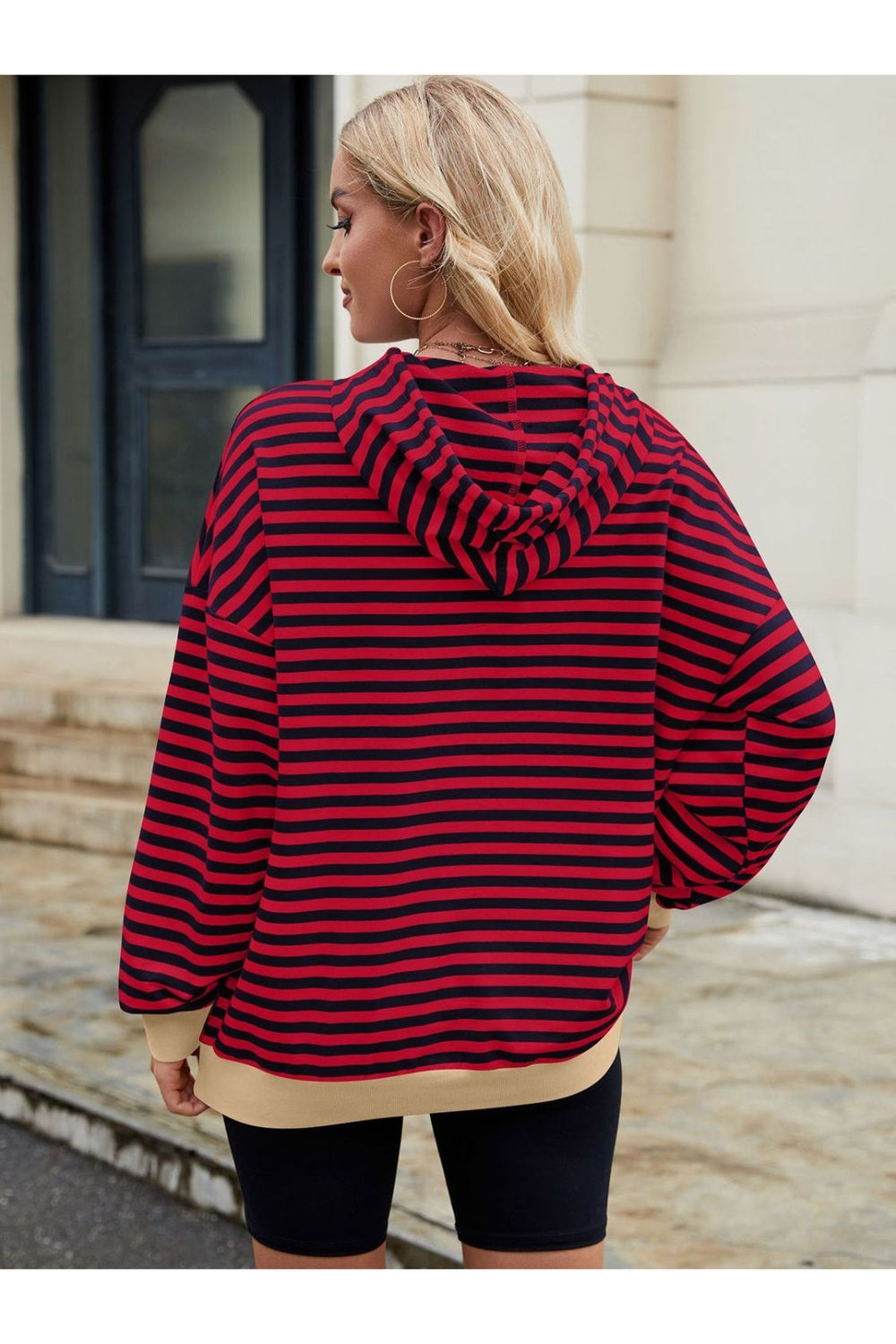 Drawstring Contrast Striped Long Sleeve Hoodie