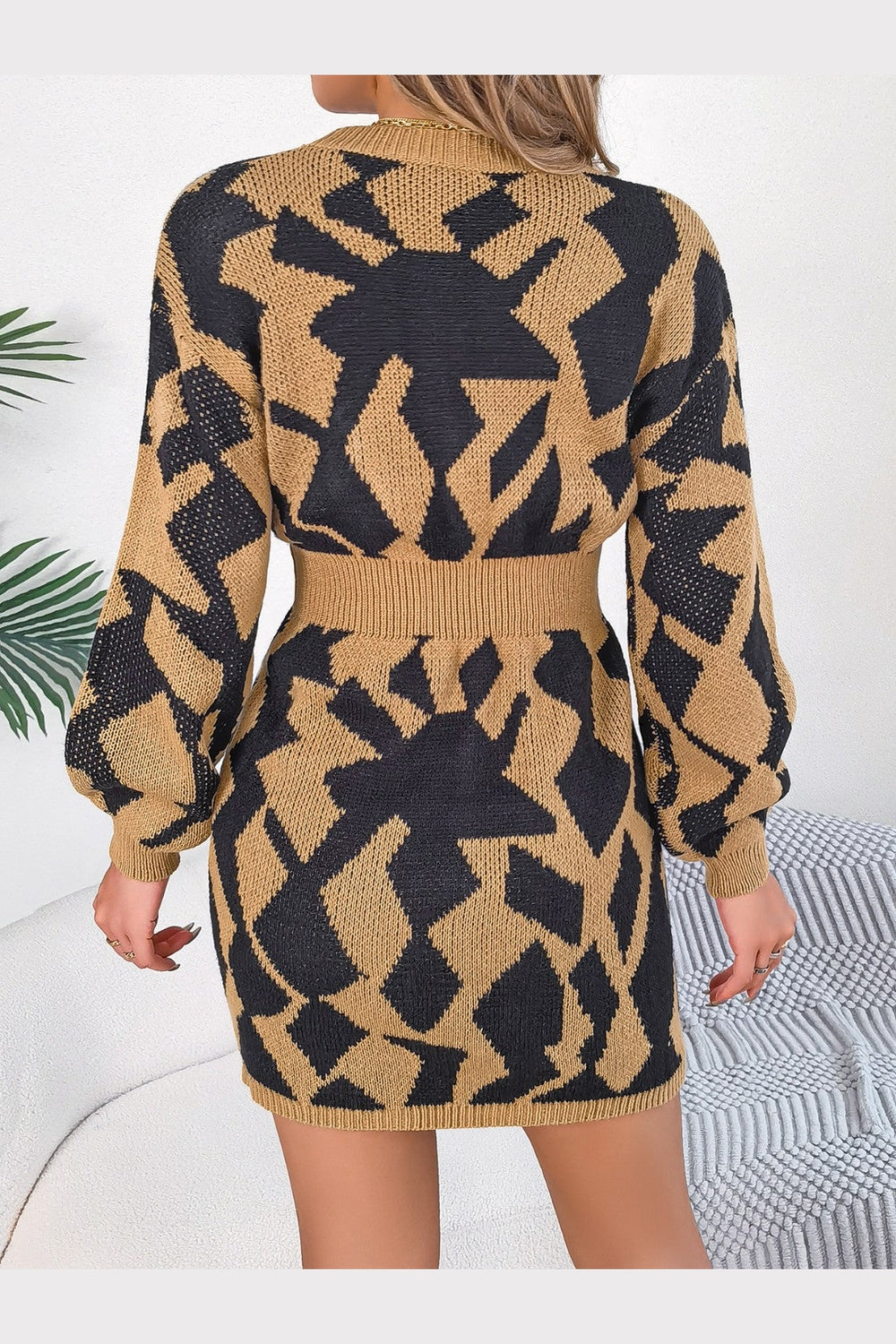 Contrast Round Neck Cutout Long Sleeve Mini Sweater Dress