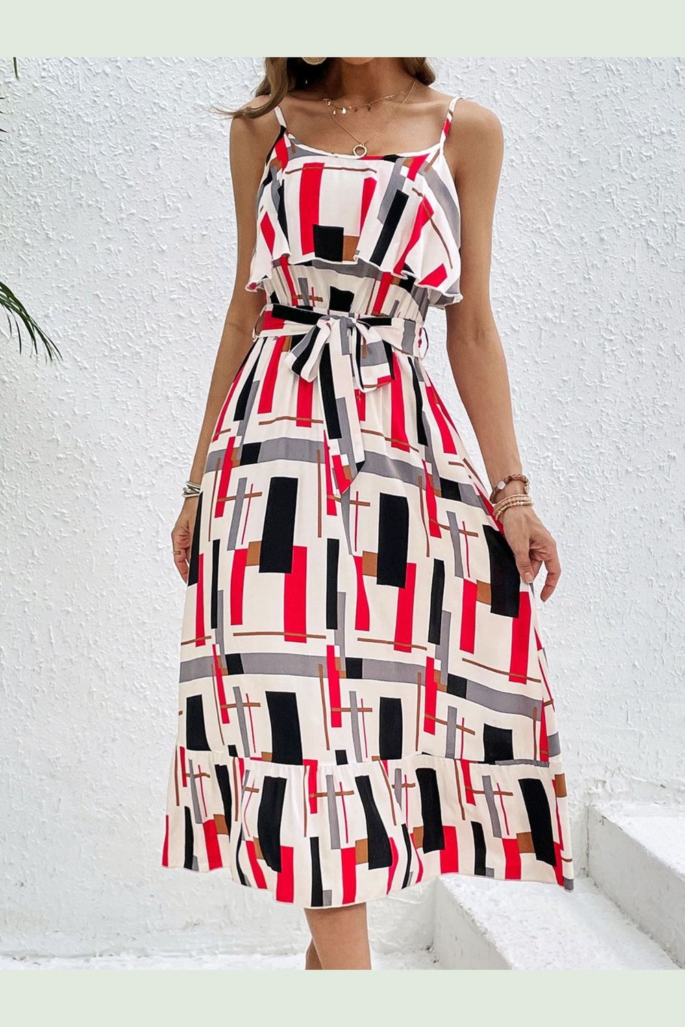 Ruffled Printed Tie Waist Midi Dress