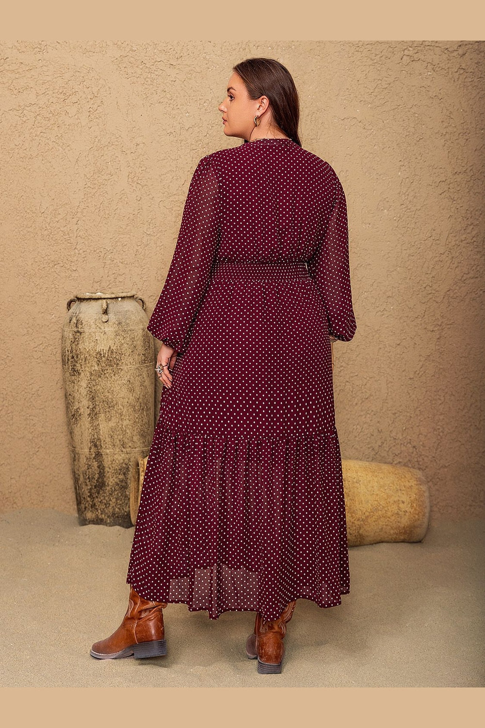 Plus Size Embroidered Polka Dot Tie Neck Long Sleeve Midi Dress