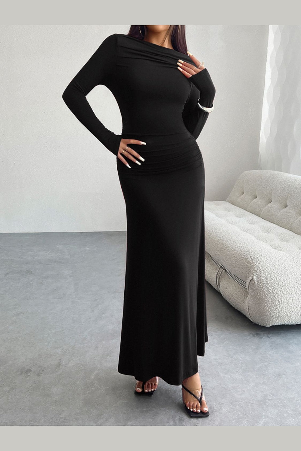 Devine Ruched Long Sleeve Maxi Dress