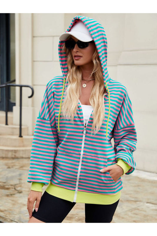 Drawstring Striped Zip Up Long Sleeve Hoodie