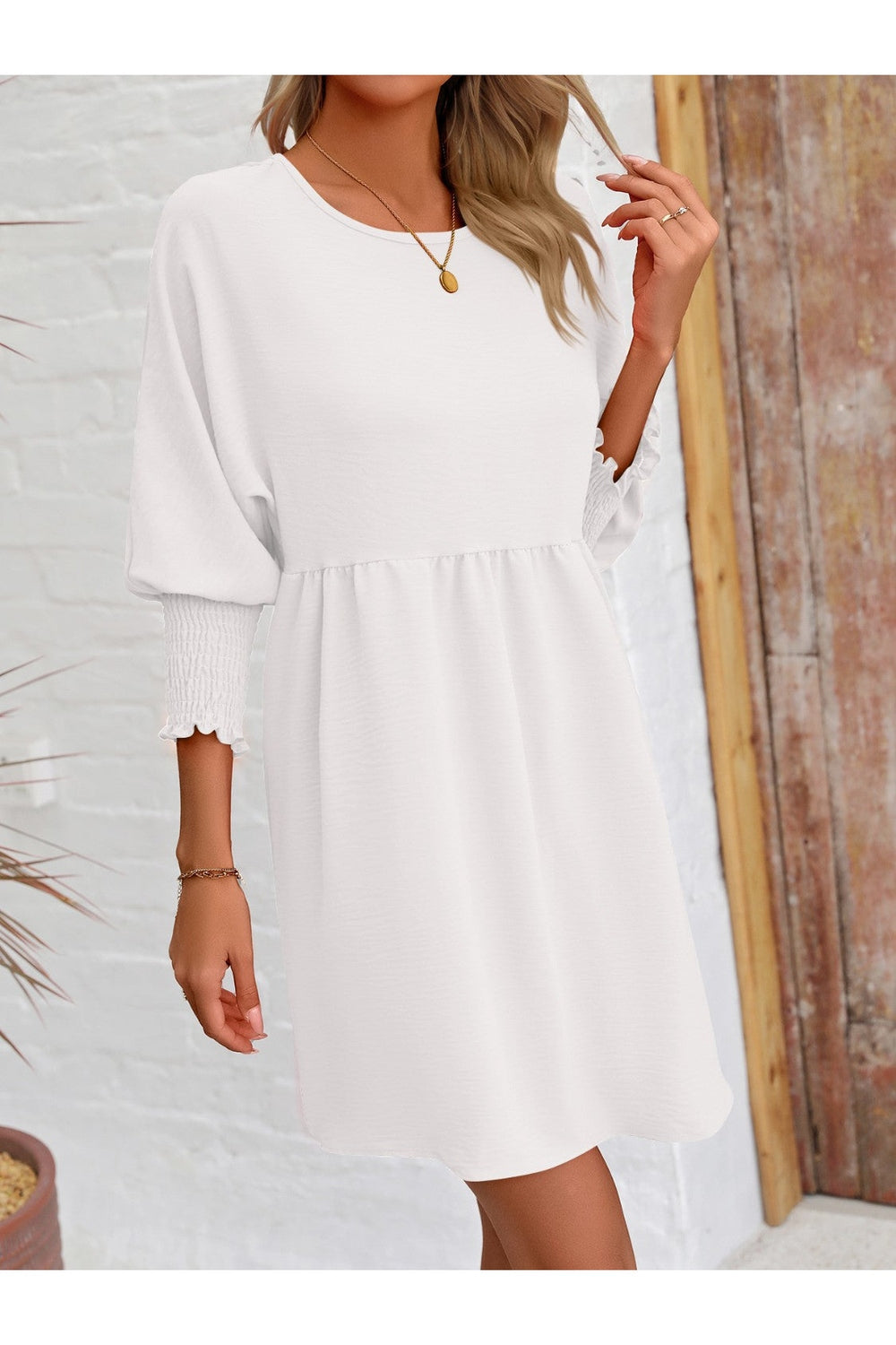 Round Neck Lantern Sleeve Mini Dress