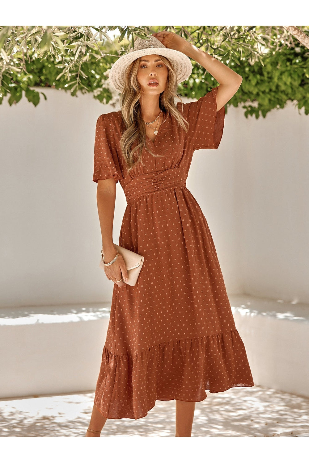 Swiss Dot V-Neck Ruffle Hem Dress