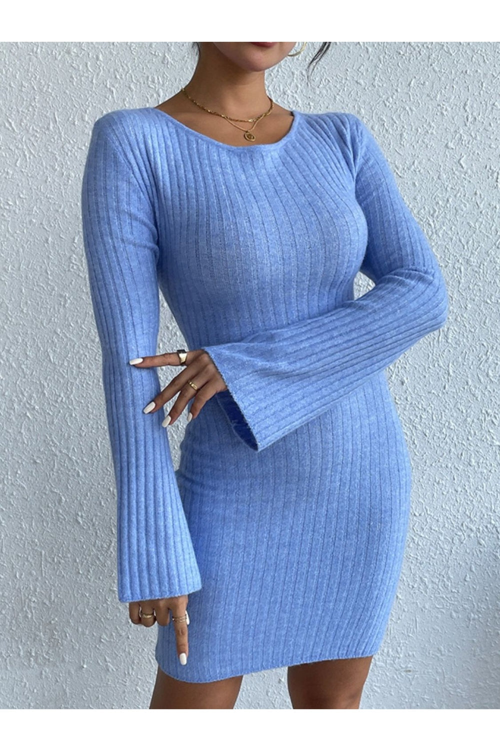 Backless Round Neck Long Sleeve Sweater Dress