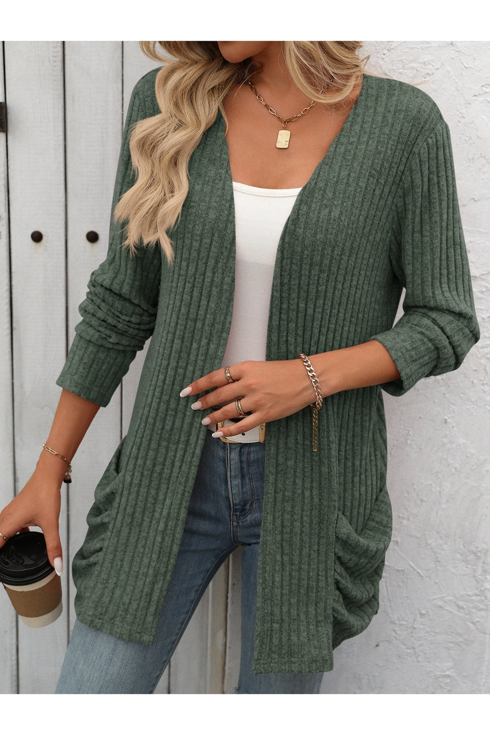 Mandy Open Front Long Sleeve Ribbed Cardigan