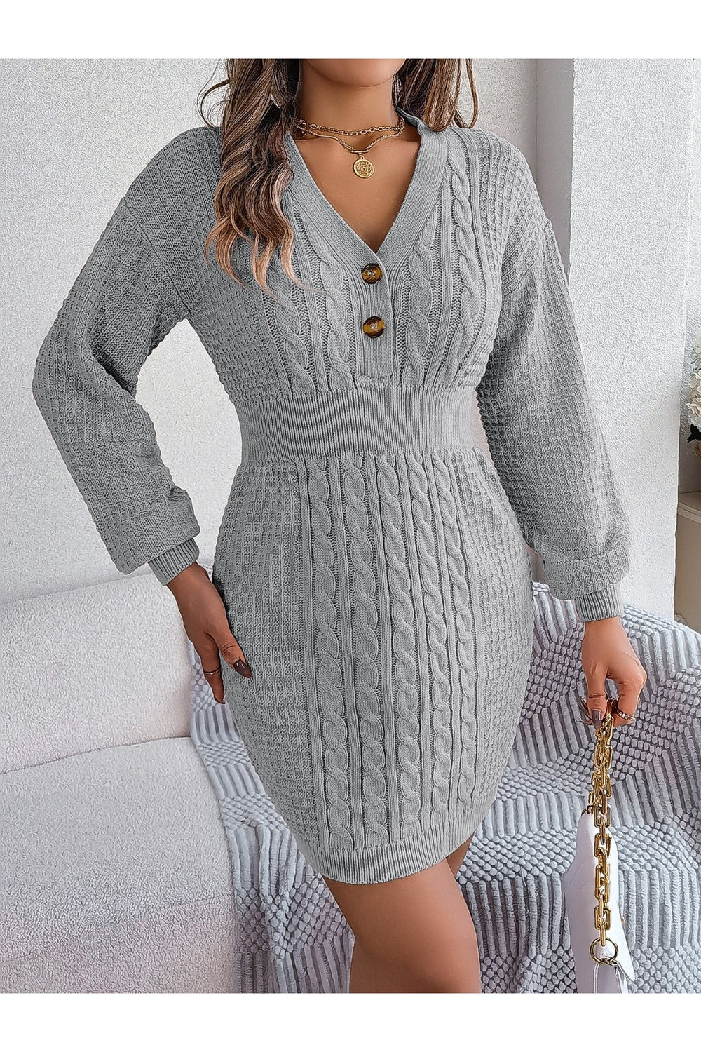 Buttoned Cable-Knit V-Neck Sweater Dress