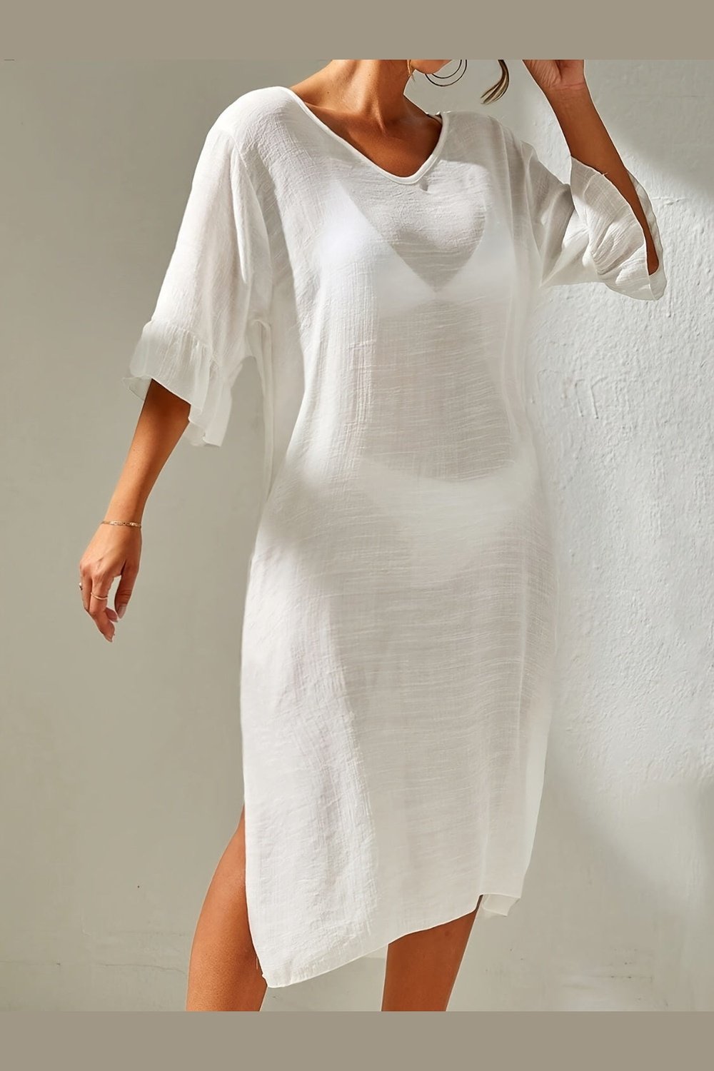 Slit V-Neck Flounce Sleeve Cover-Up