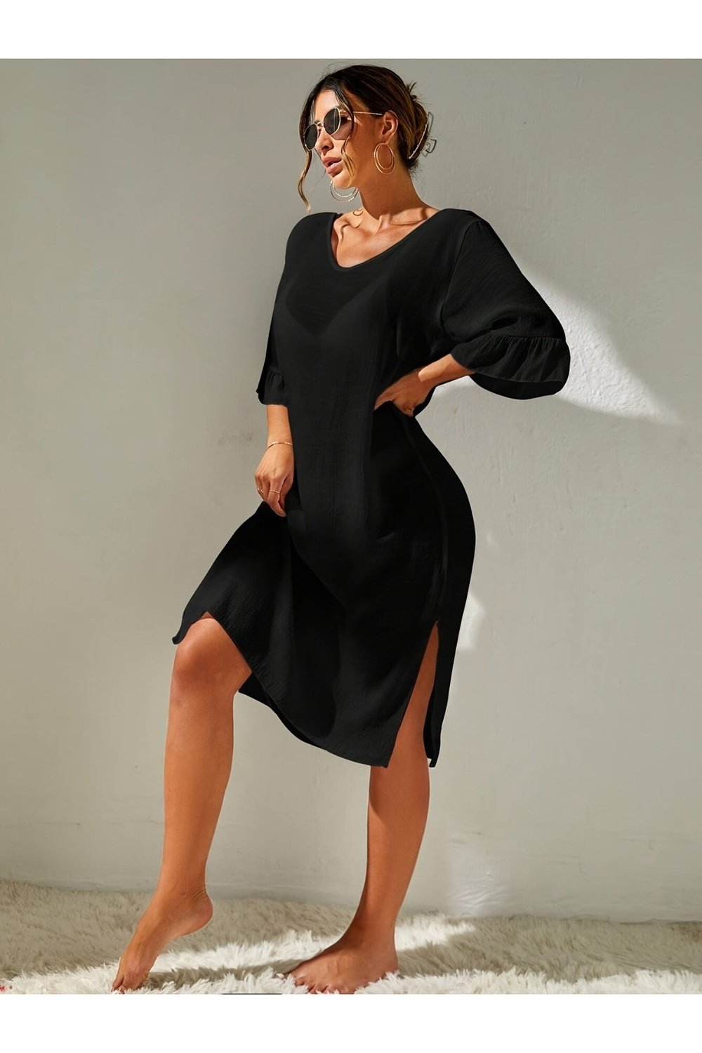 Slit V-Neck Flounce Sleeve Cover-Up