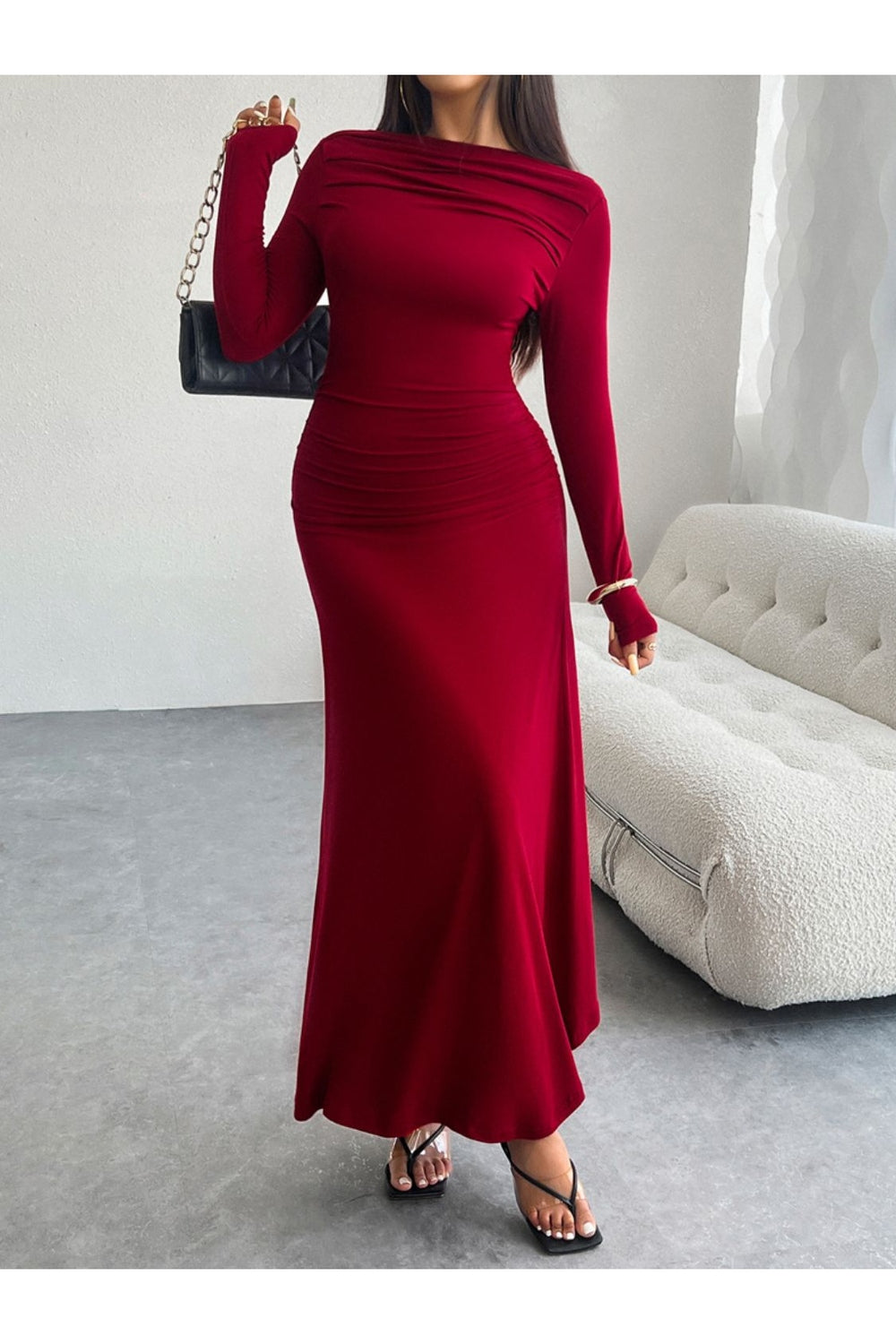 Devine Ruched Long Sleeve Maxi Dress