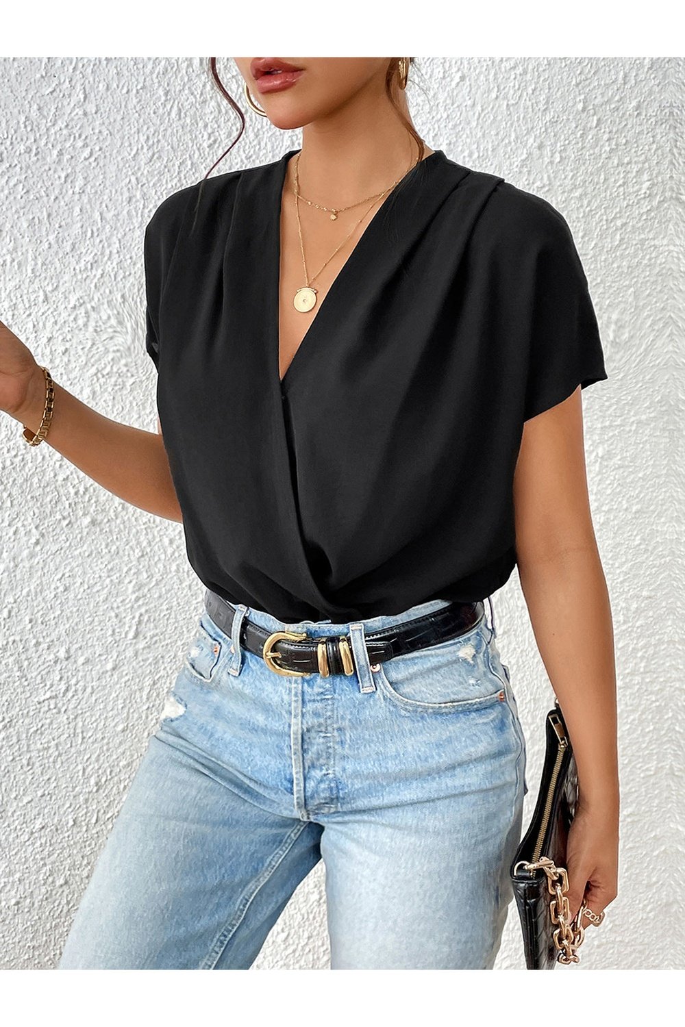 Surplice Short Sleeve Ruched Bodysuit