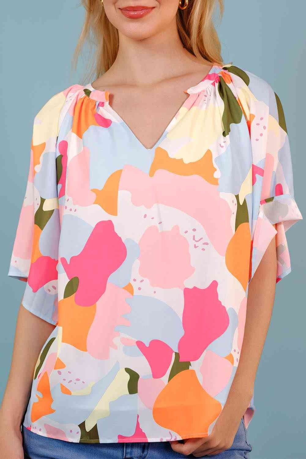 Printed Notched Neck Half Sleeve Blouse