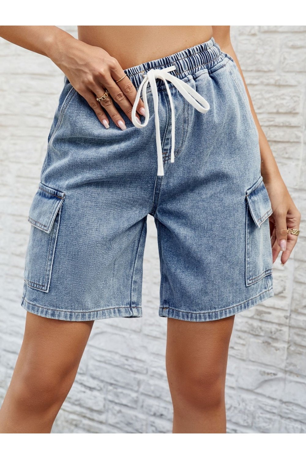 Drawstring Denim Shorts with Pockets