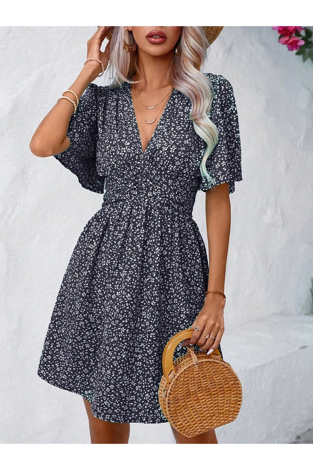 Printed V-Neck Half Sleeve Mini Dress