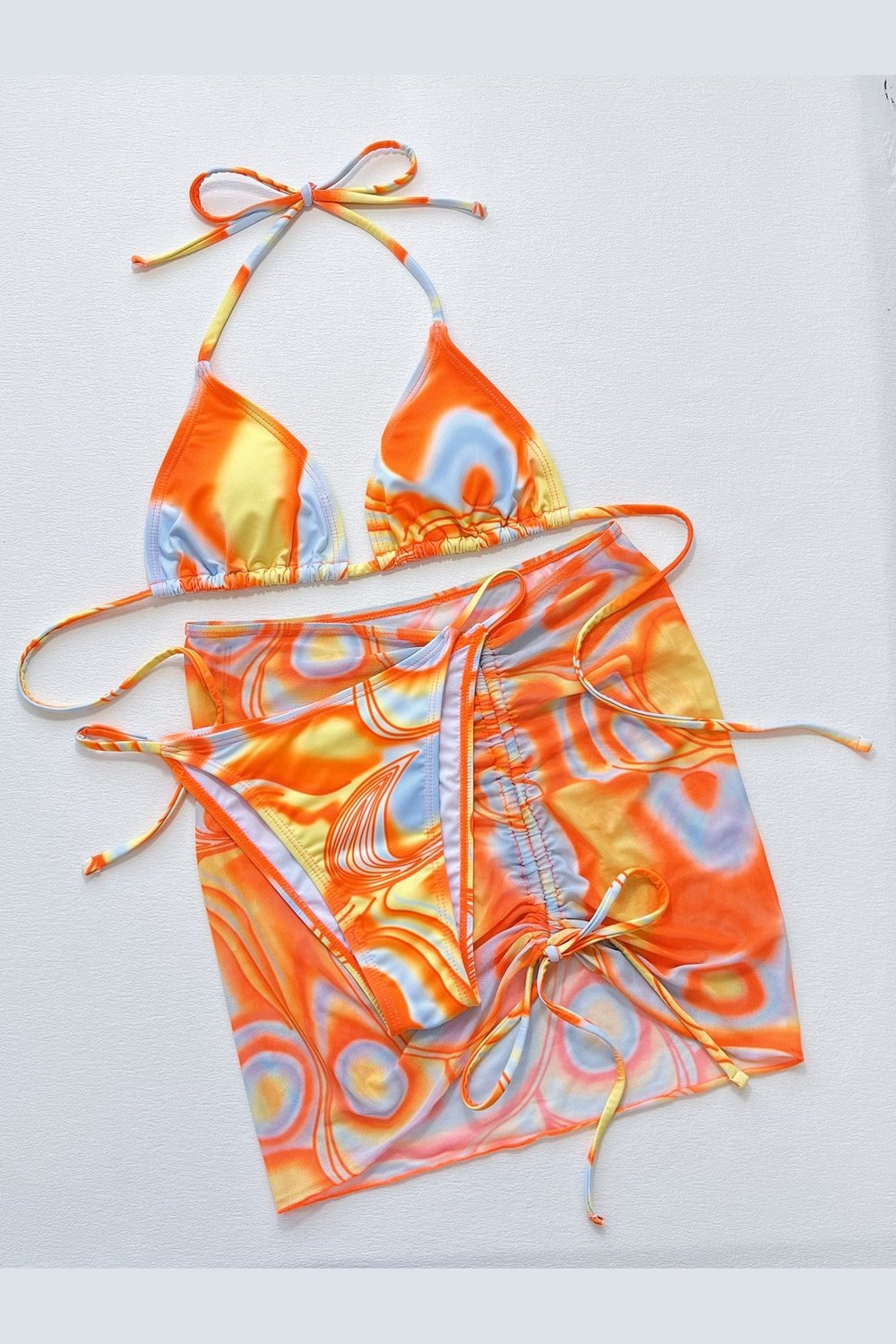 Multicolored Drawstring Ruched Three-Piece Swim Set