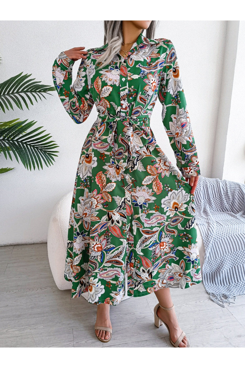 Tied Printed Long Sleeve Midi Dress