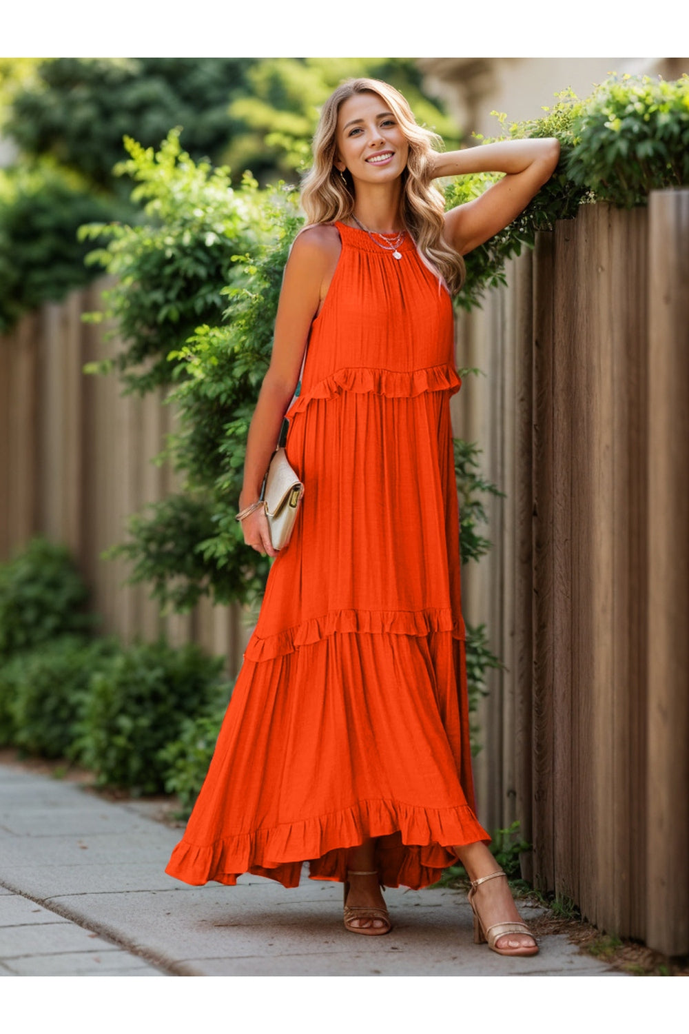 Ruffled Sleeveless Tiered Maxi Dress with Pockets