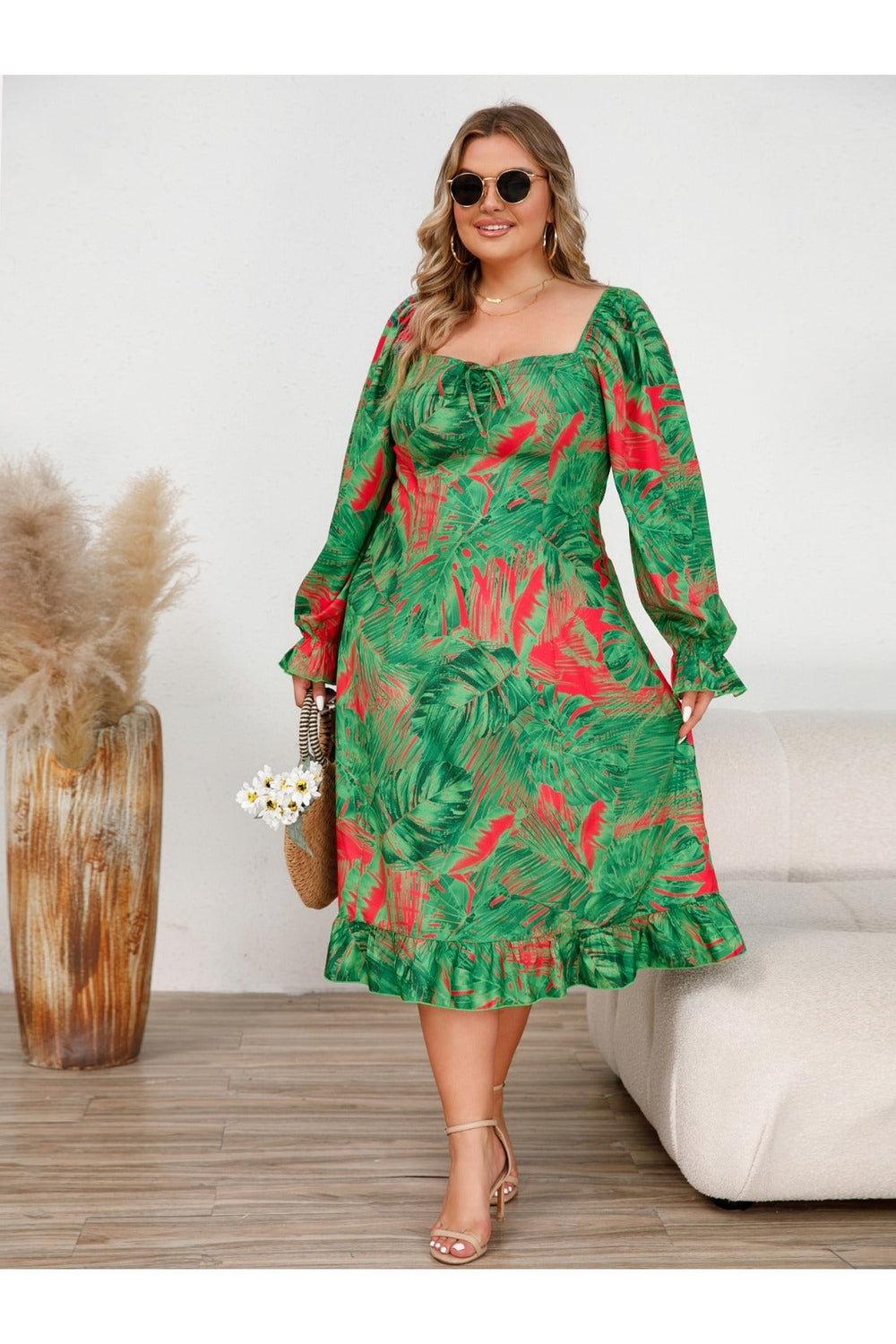 Plus Size Ruffled Square Neck Flounce Sleeve Dress