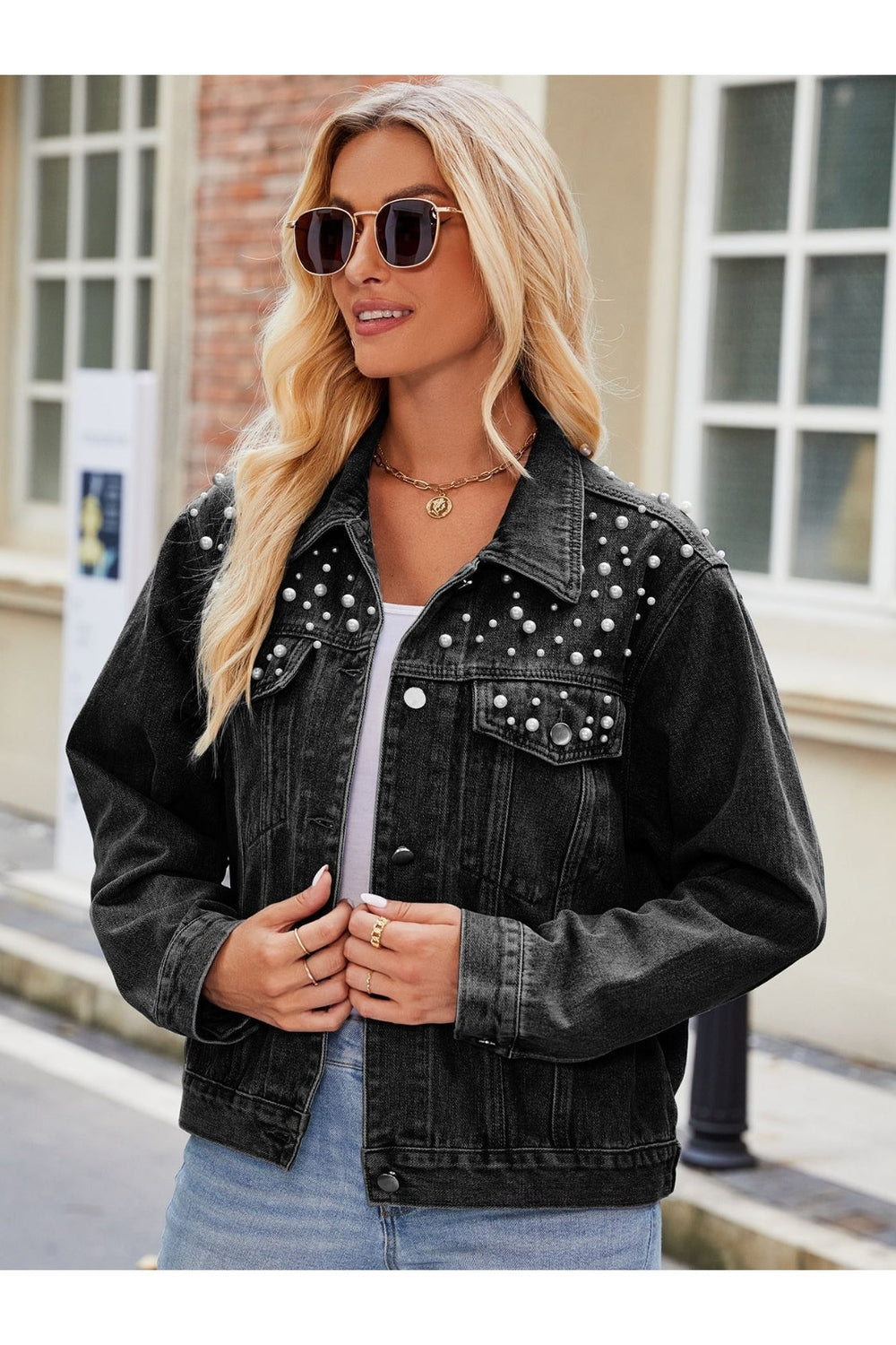 Pearl Detail Collared Neck Long Sleeve Denim Jacket