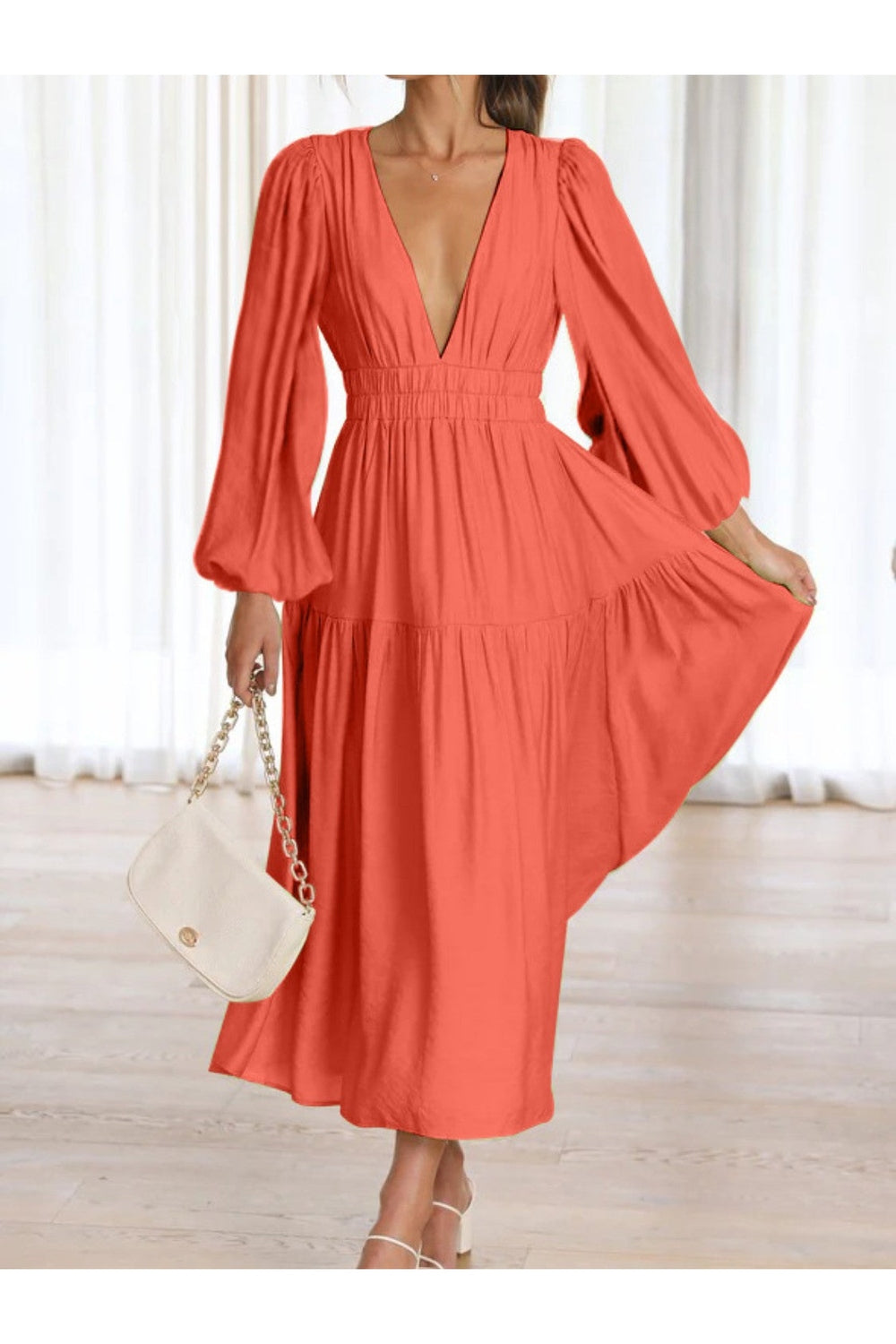 Deep V-Neck Balloon Sleeve Plain Maxi Dress