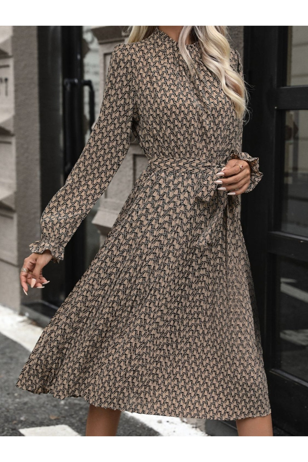 Perfee Printed Mock Neck Flounce Sleeve Dress