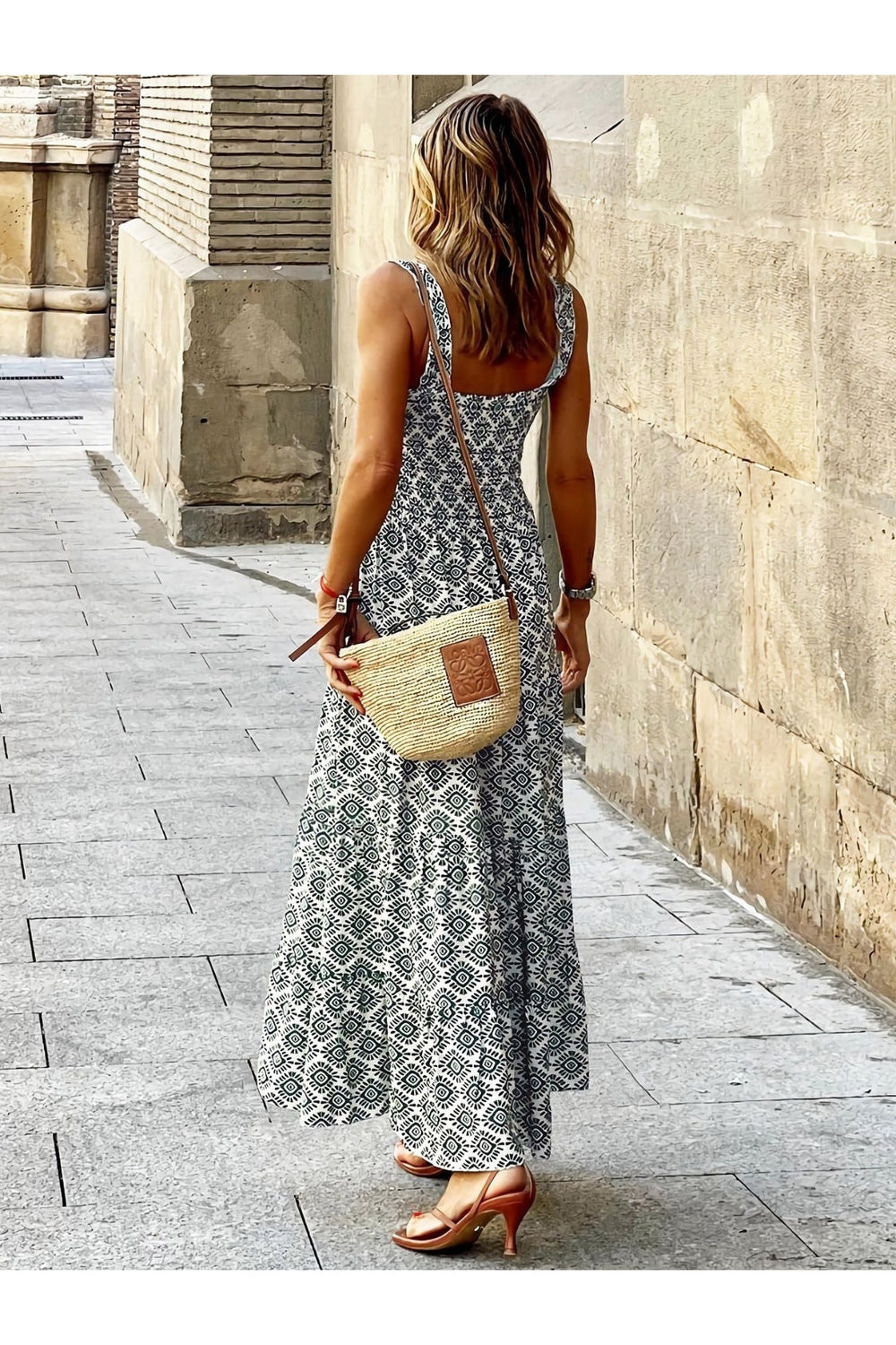 Smocked Printed Square Neck Sleeveless Dress