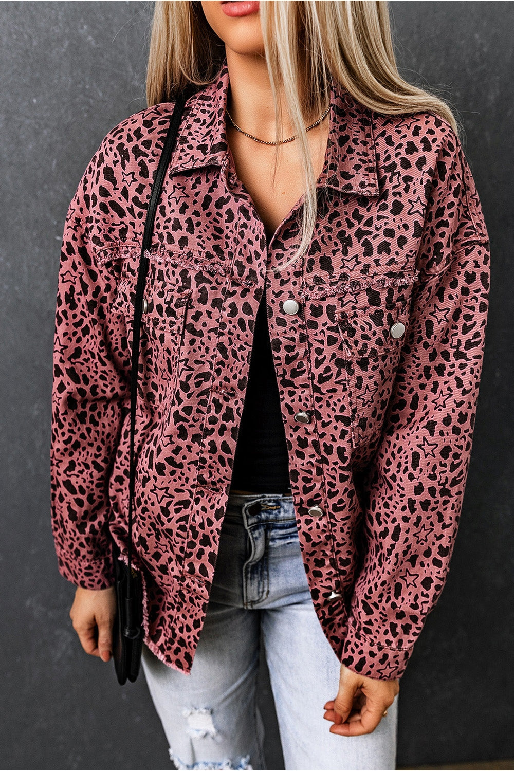 Leopard Raw Hem Button Up Denim Jacket