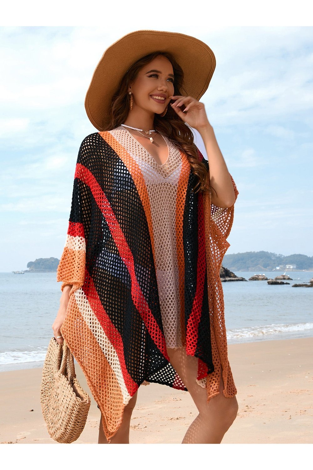 Openwork Color Block Plunge Cover-Up