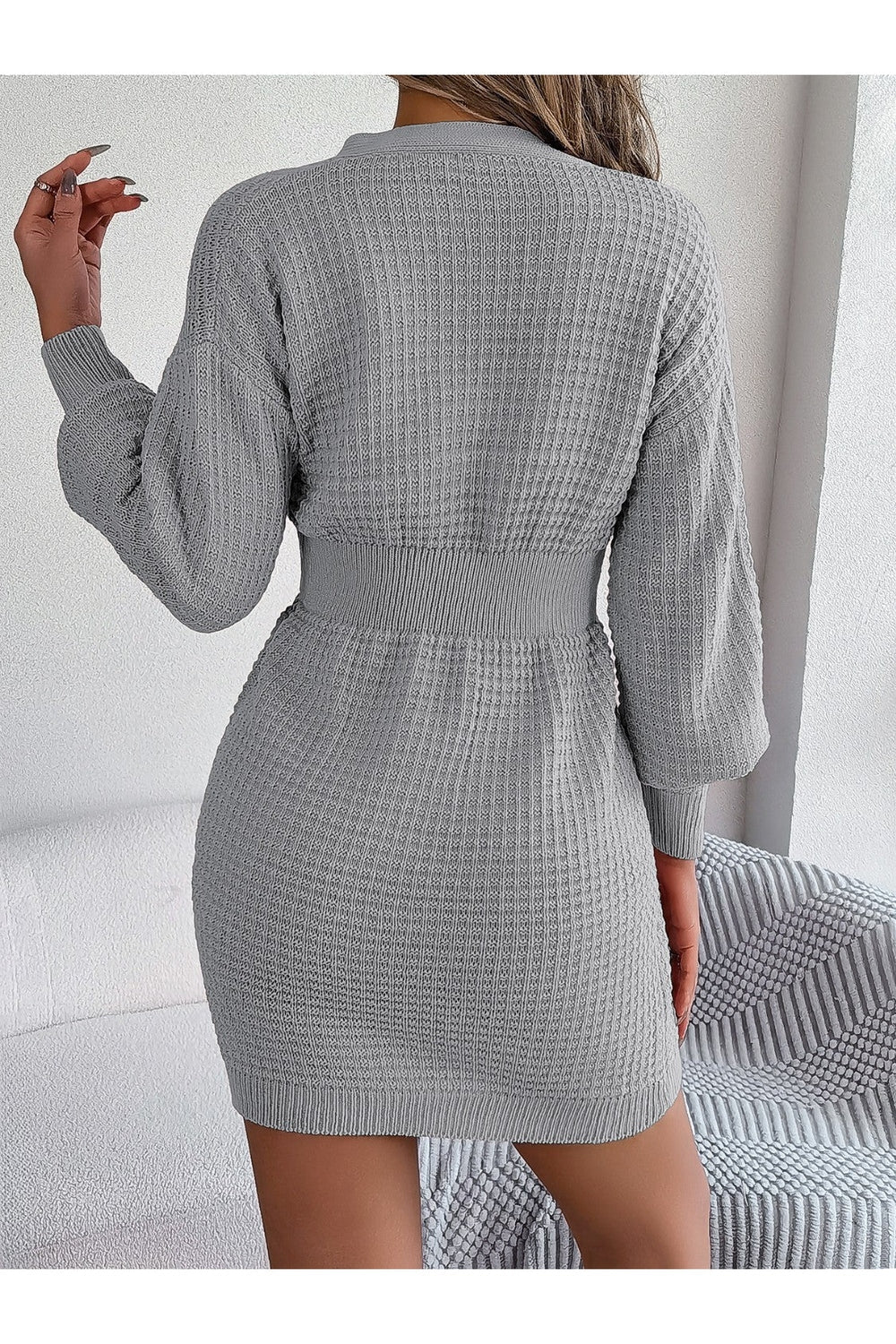 Buttoned Cable-Knit V-Neck Sweater Dress