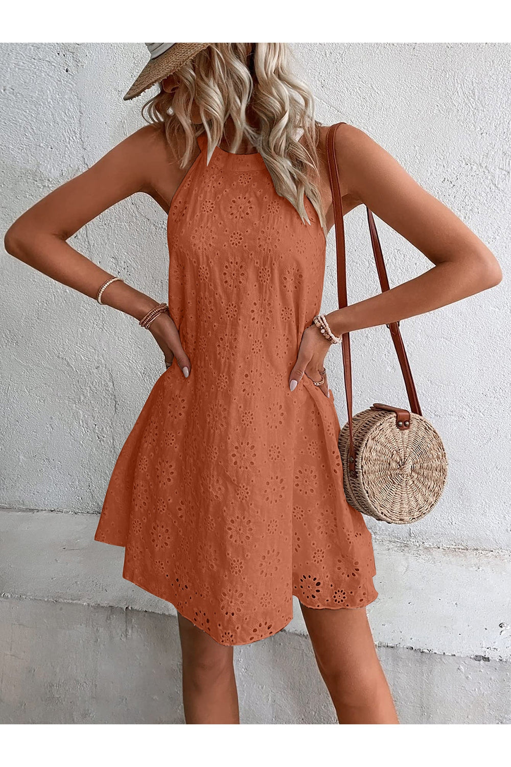 Eyelet Grecian Neck Mini Dress