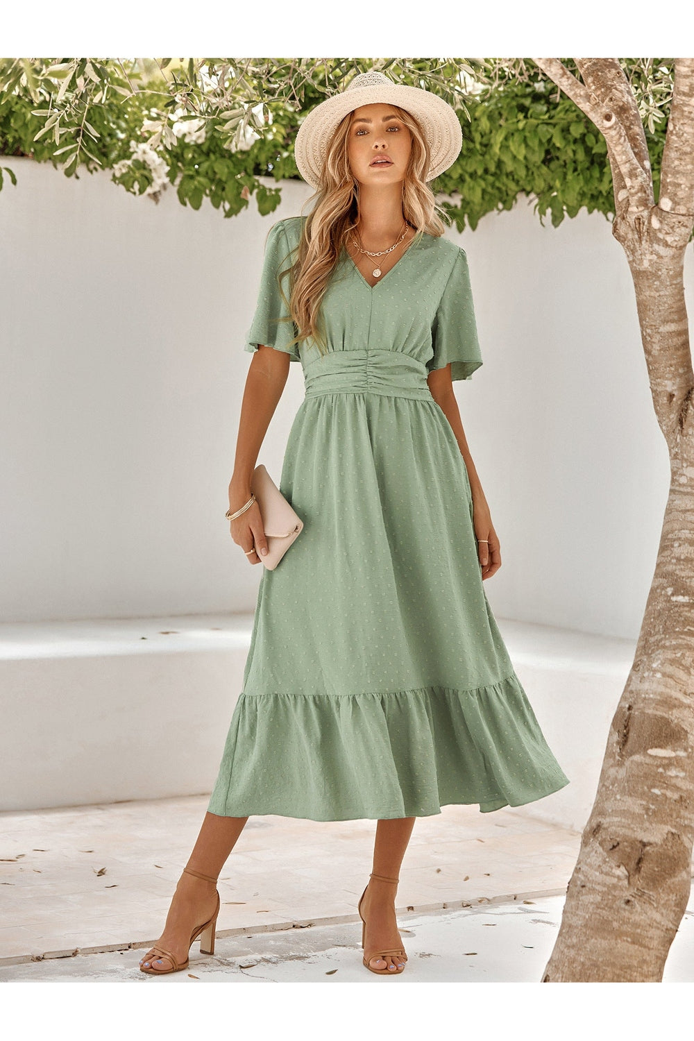 Swiss Dot V-Neck Ruffle Hem Dress