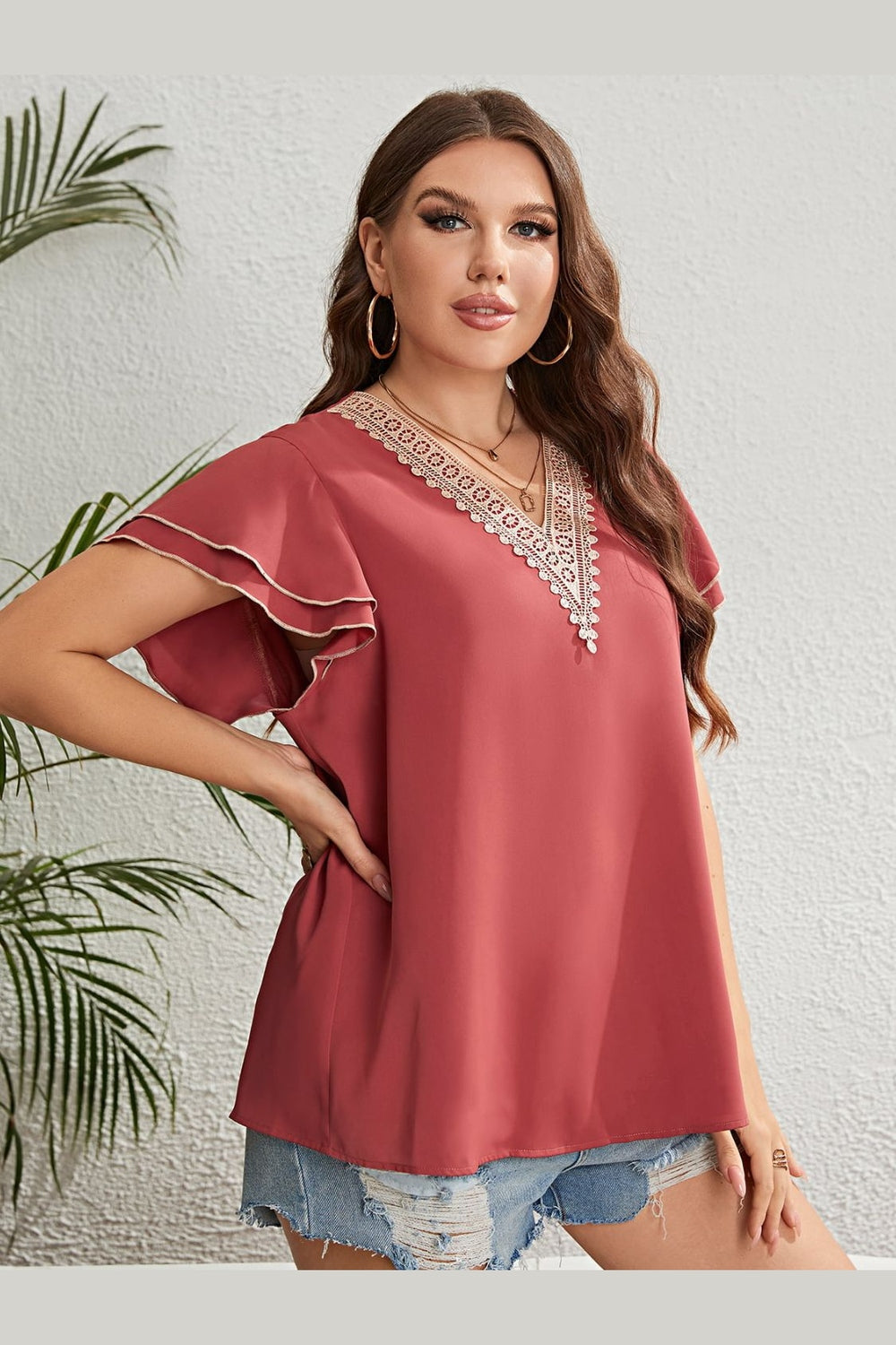 Honey Plus Size Contrast V-Neck Layered Flutter Sleeve Blouse