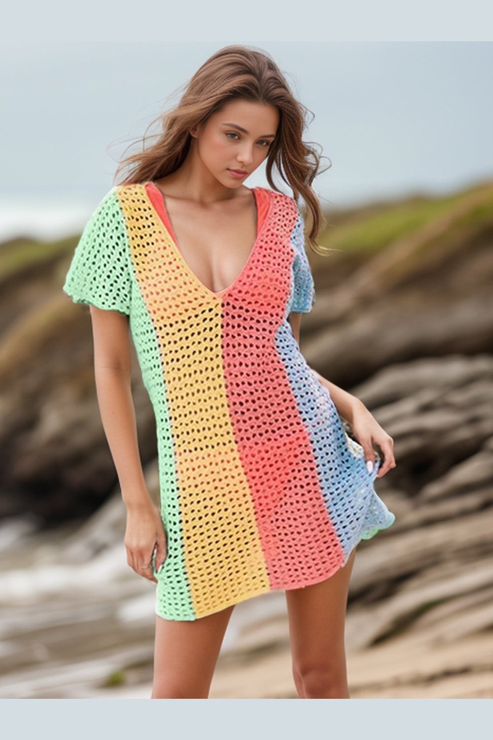 Openwork Color Block V-Neck Short Sleeve Cover-Up