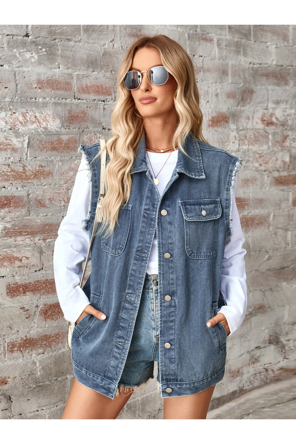 Raw Hem Sleeveless Button Up Denim Jacket