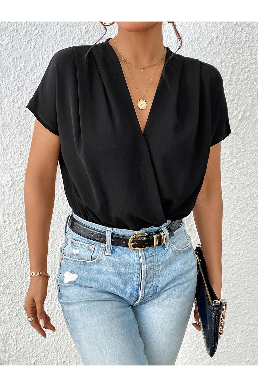 Surplice Short Sleeve Ruched Bodysuit