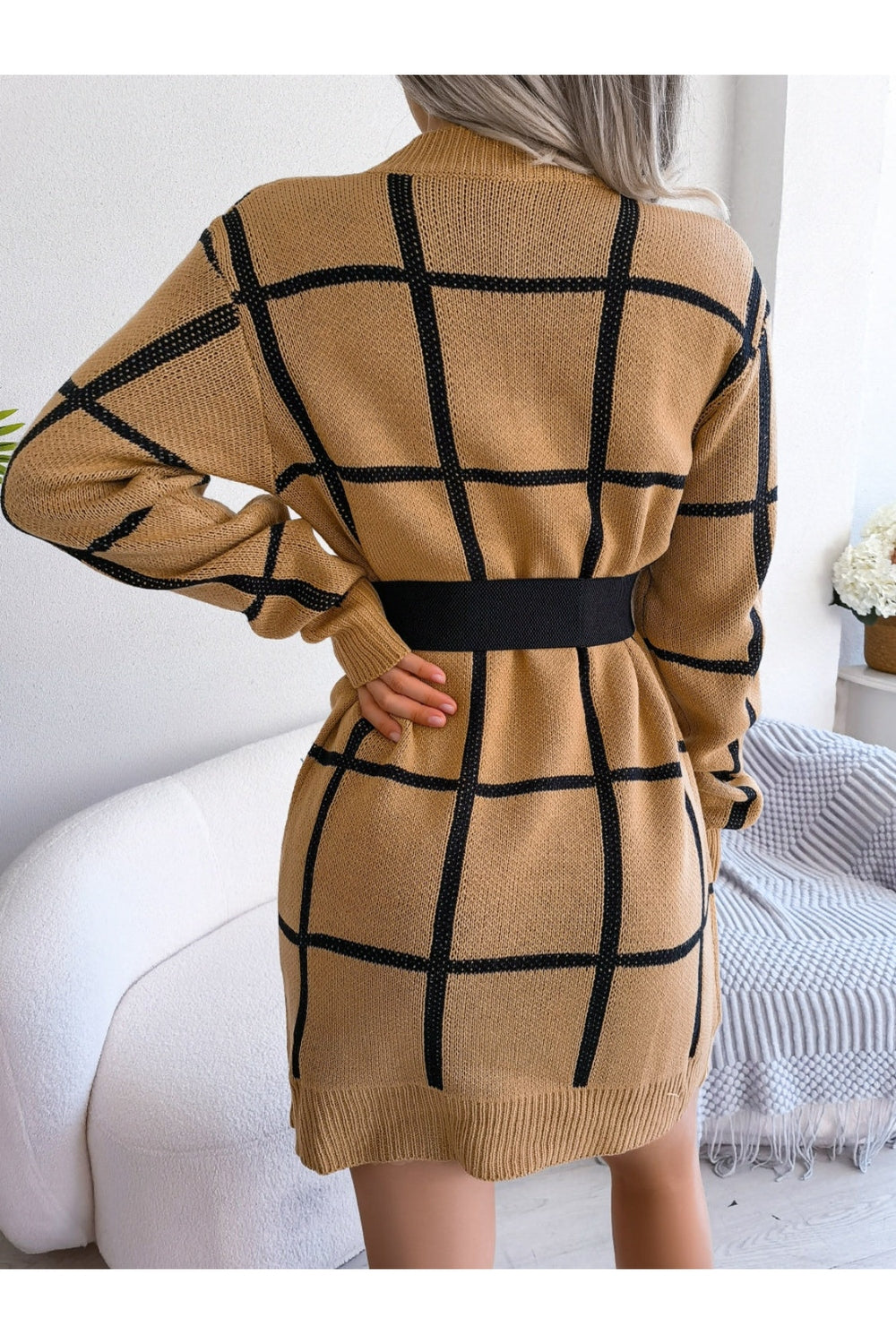 Plaid Round Neck Dropped Shoulder Sweater Dress