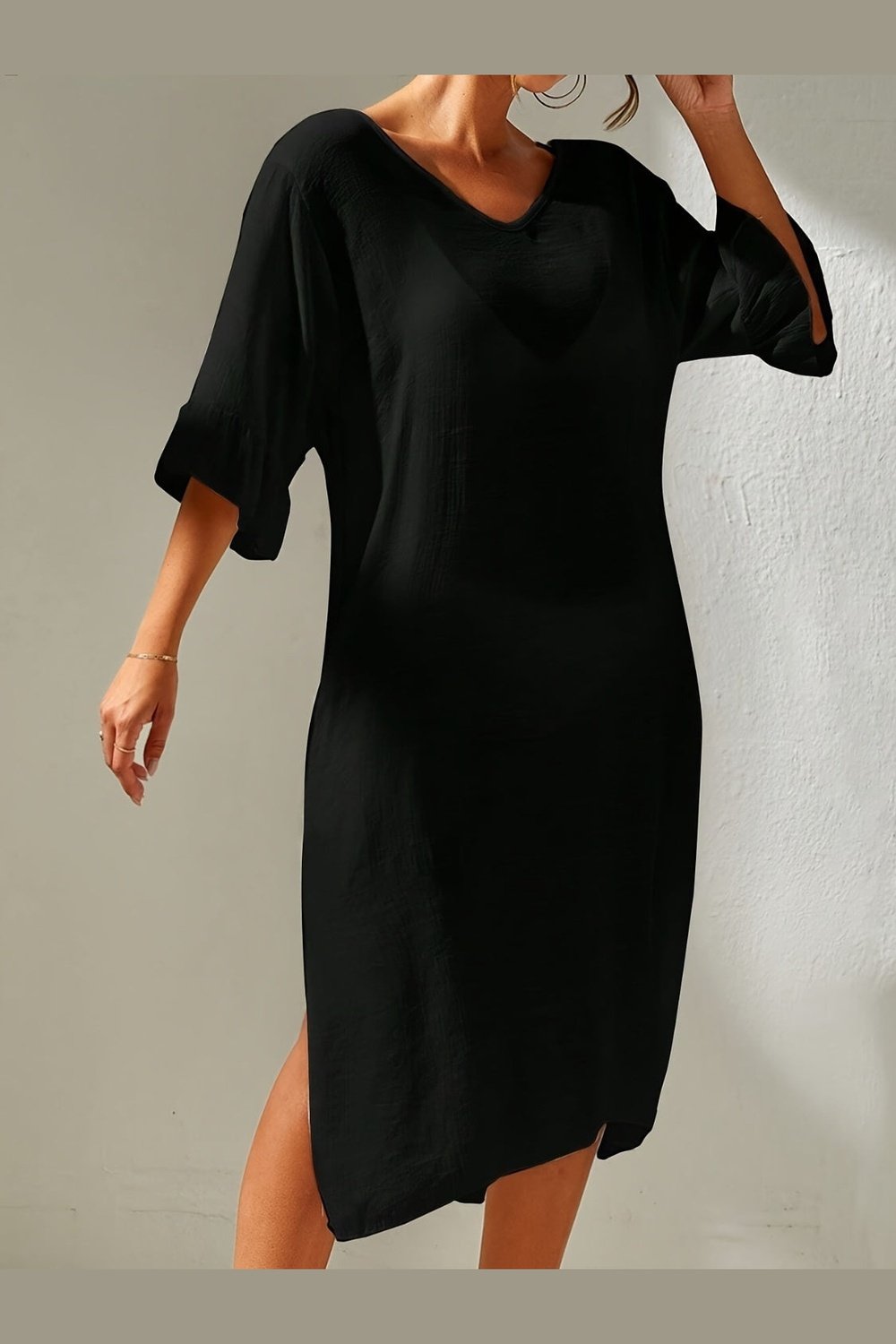 Slit V-Neck Flounce Sleeve Cover-Up