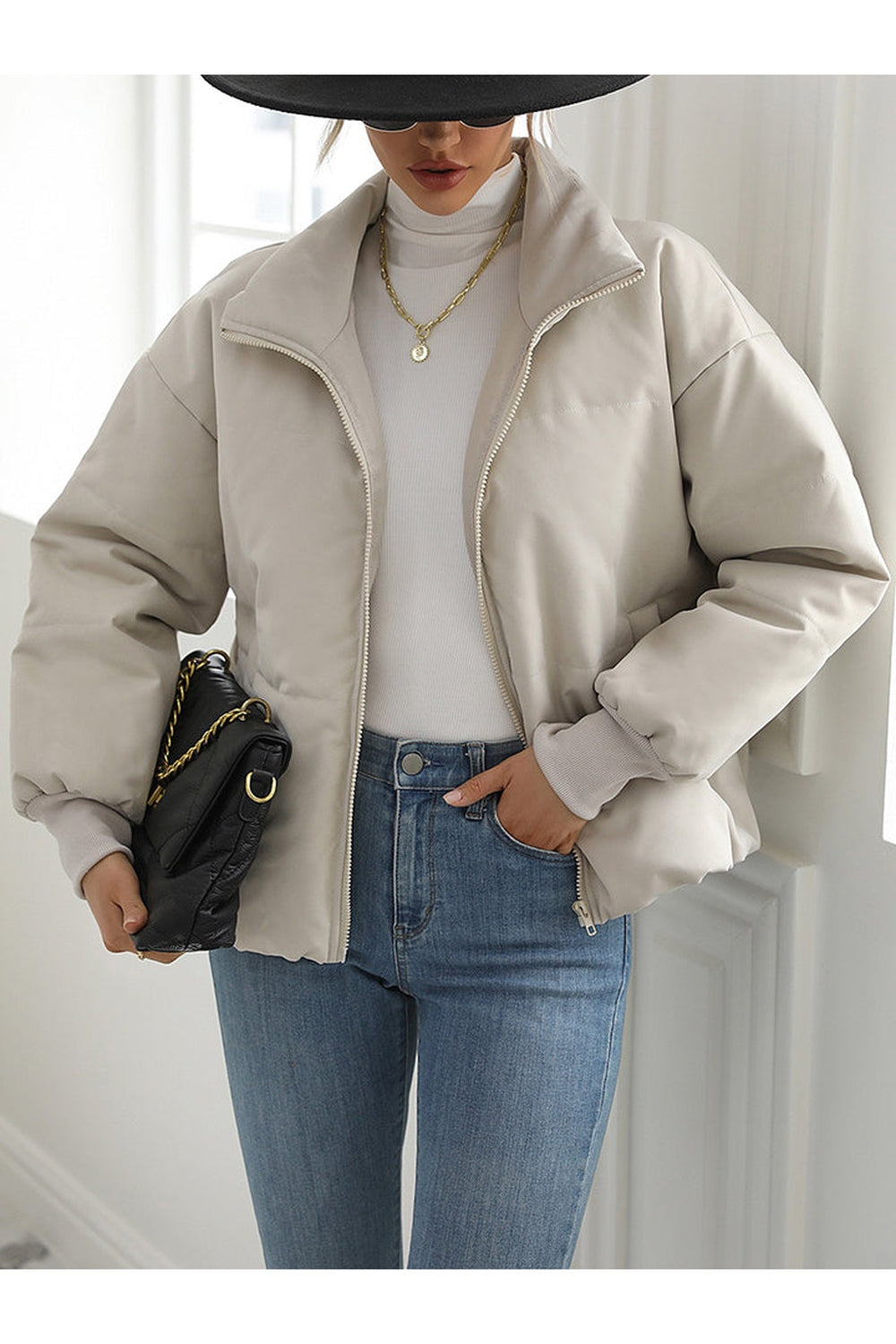 Zip-Up Drop Shoulder Puffer Jacket