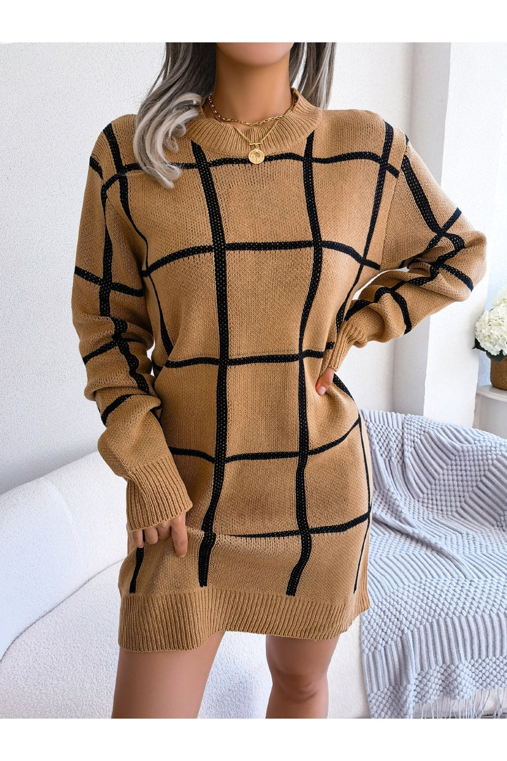 Plaid Round Neck Dropped Shoulder Sweater Dress