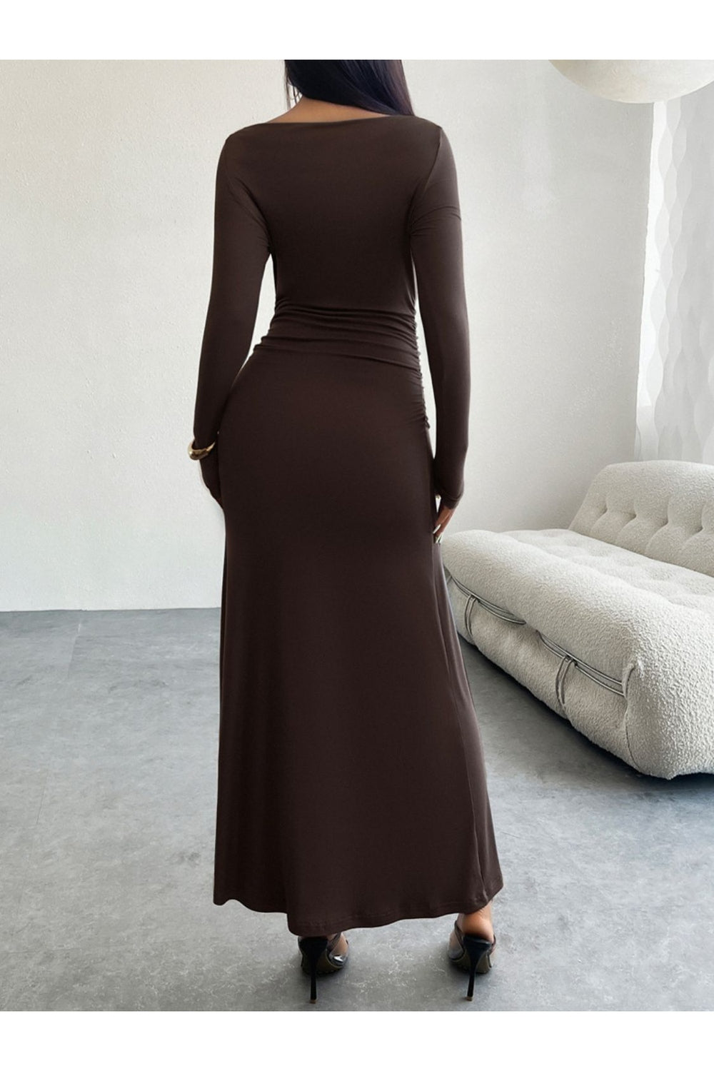 Devine Ruched Long Sleeve Maxi Dress