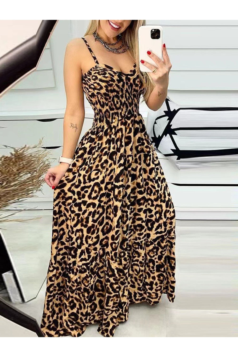 Leopard Sweetheart Neck Cami Dress